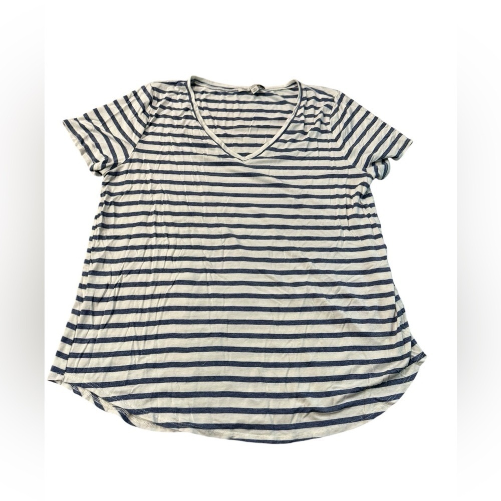 EUC Worn One Green Envelope Los Angeles Blue and White striped Vneck Tee XL